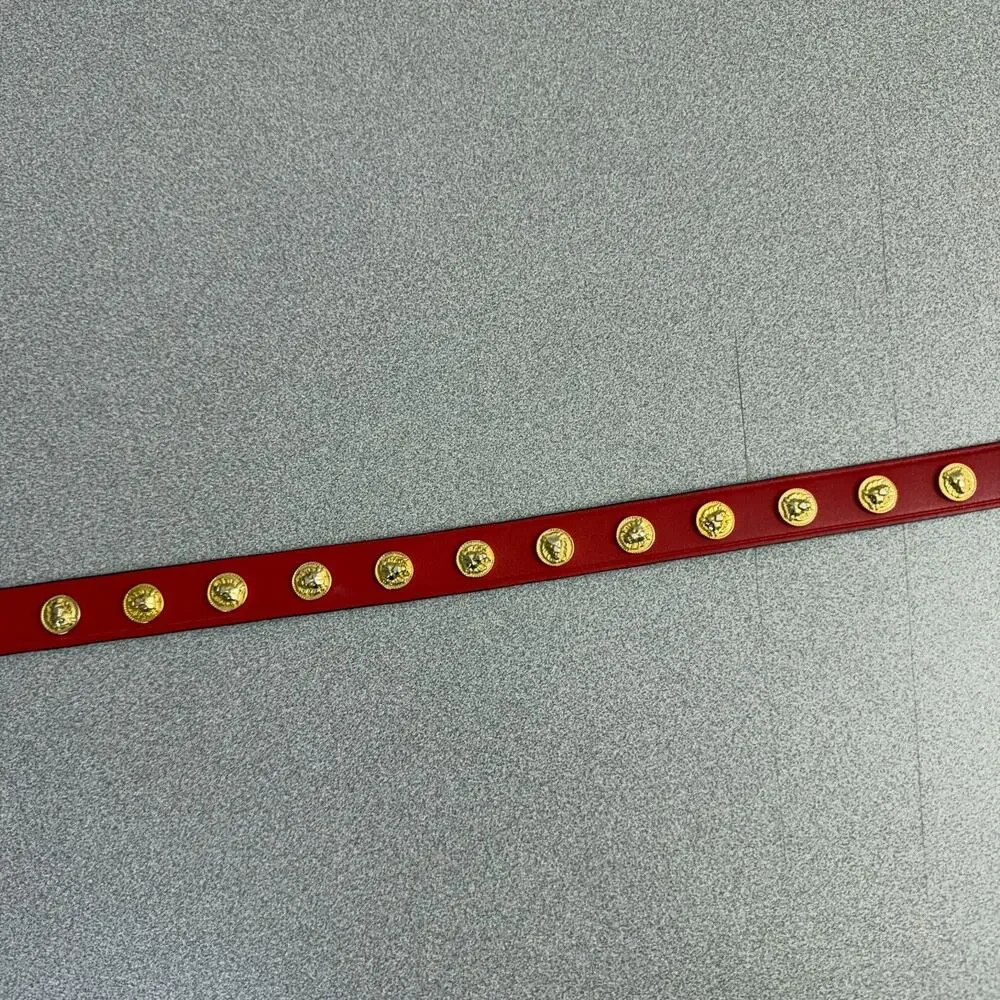 Anne Klein Lion Leather Belt Womens Red Gold Medallion 90s Metal 1" Animals - Picture 4 of 9